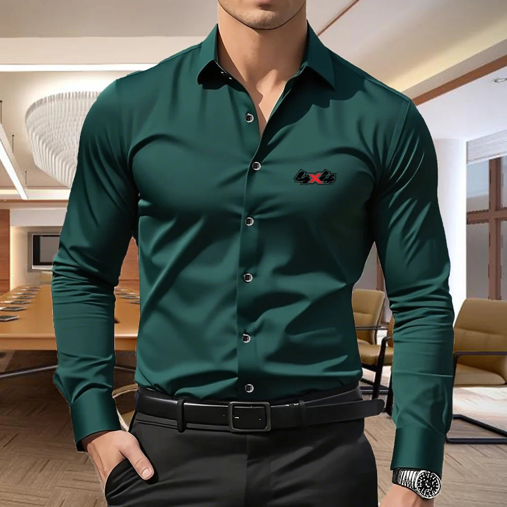 Men's Slim Fit Shirt with 4X4 Print, Long Sleeve Business Casual Button Down Blouse, Wrinkle Resistant, 5 Colors S-XXL