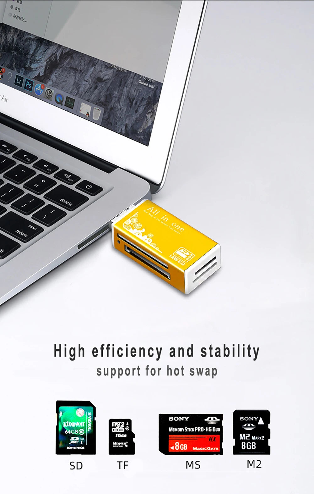 Alloy Card Reader 4 Ports USB2.0 Micro SD TF M2 MS Pro Duo MMC SDHC DV Phone Camera Memory Card Adapter with LED Indicator
