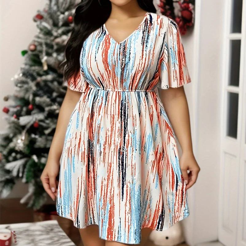 Plus Size Dress, Striped Printed V-Neck Short-Sleeved Loose Fit, Elastic Waist, Casual Resort Style Dress