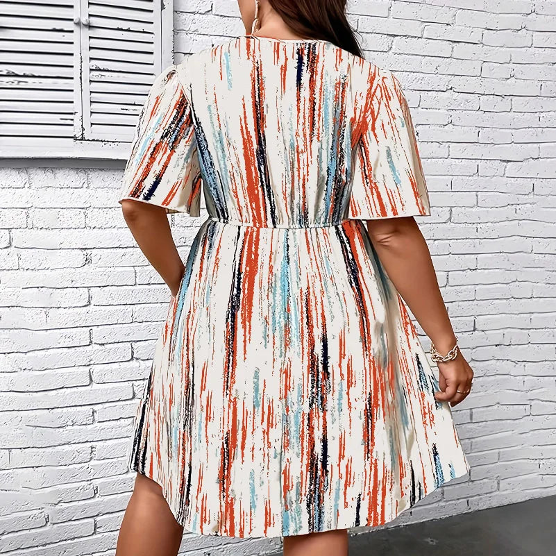 Plus Size Dress, Striped Printed V-Neck Short-Sleeved Loose Fit, Elastic Waist, Casual Resort Style Dress