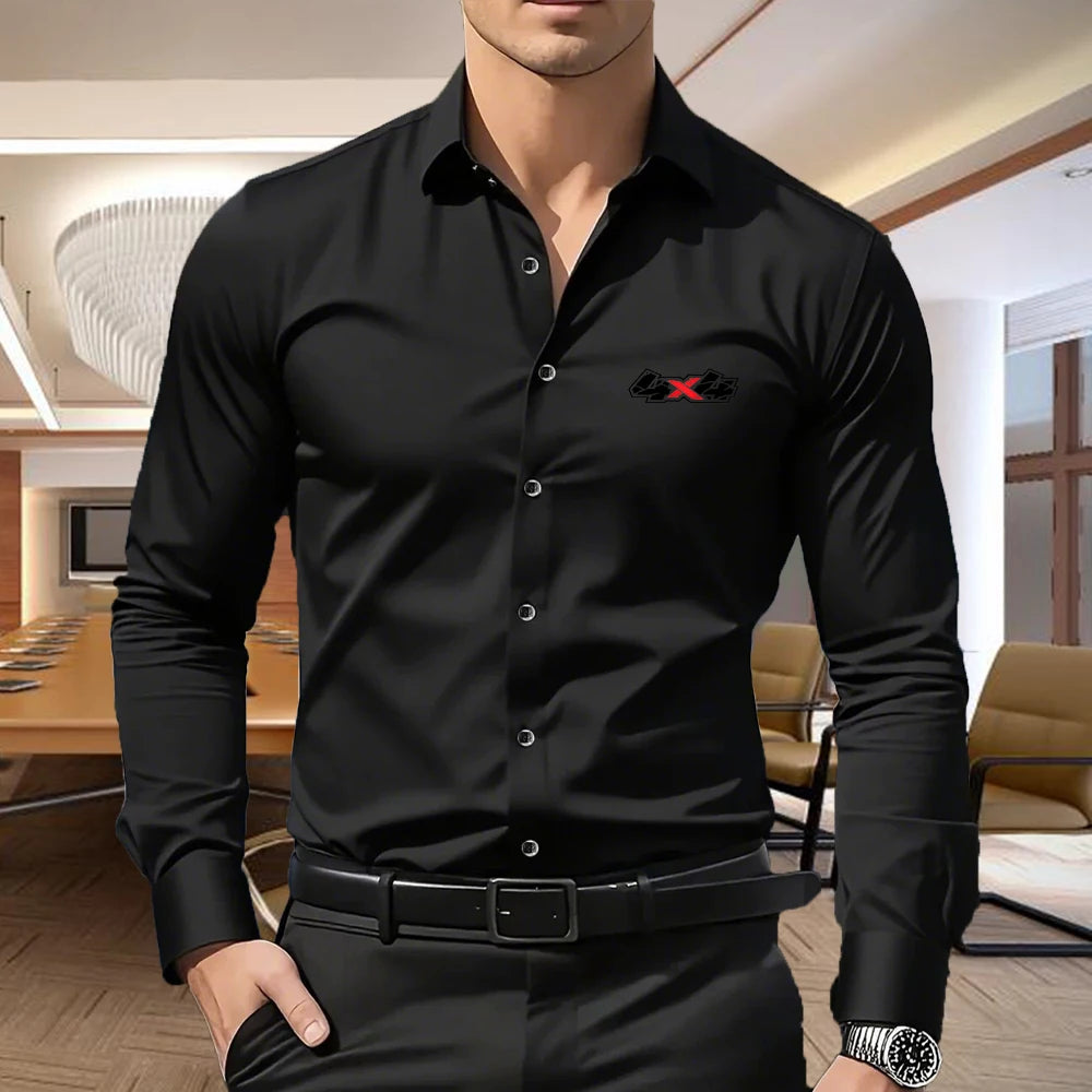 Men's Slim Fit Shirt with 4X4 Print, Long Sleeve Business Casual Button Down Blouse, Wrinkle Resistant, 5 Colors S-XXL
