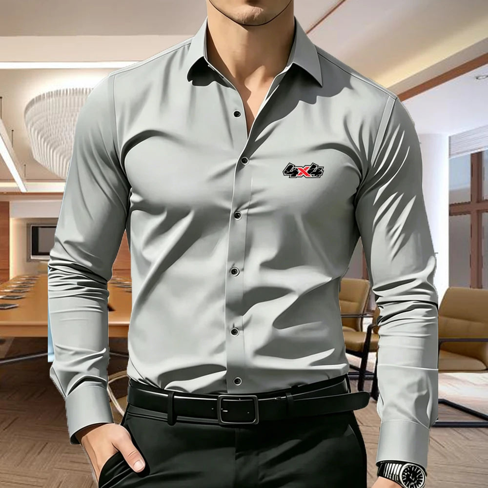 Men's Slim Fit Shirt with 4X4 Print, Long Sleeve Business Casual Button Down Blouse, Wrinkle Resistant, 5 Colors S-XXL